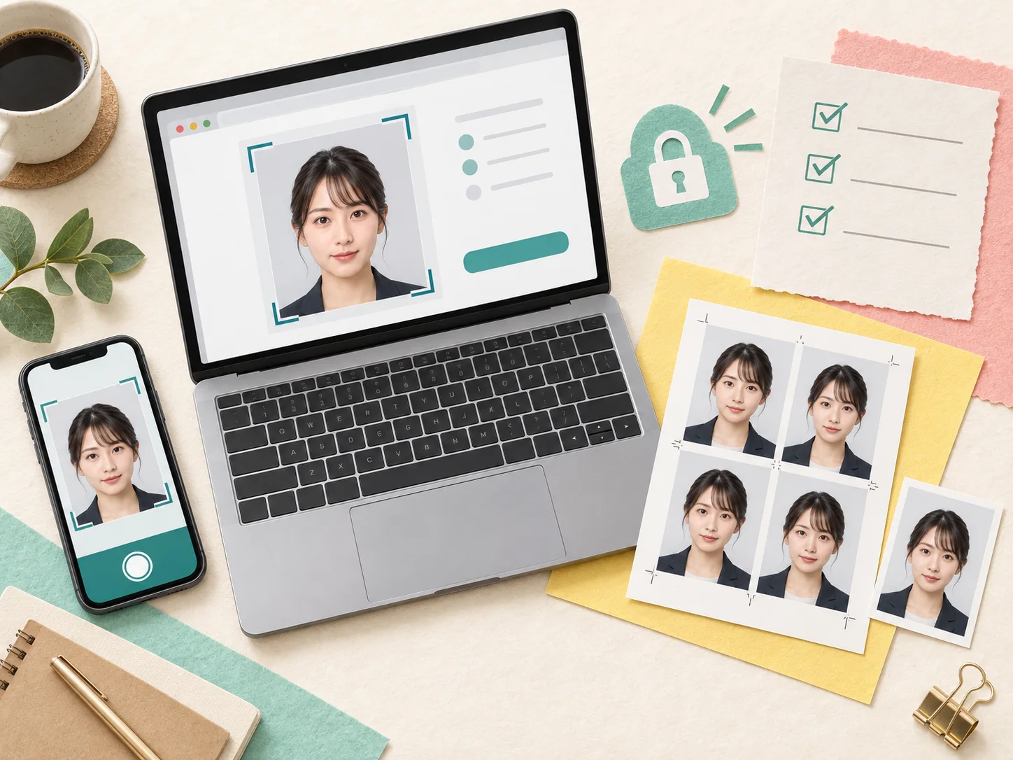 パソコンとスマホで証明写真データを作成し、JPGとL判で保存する様子