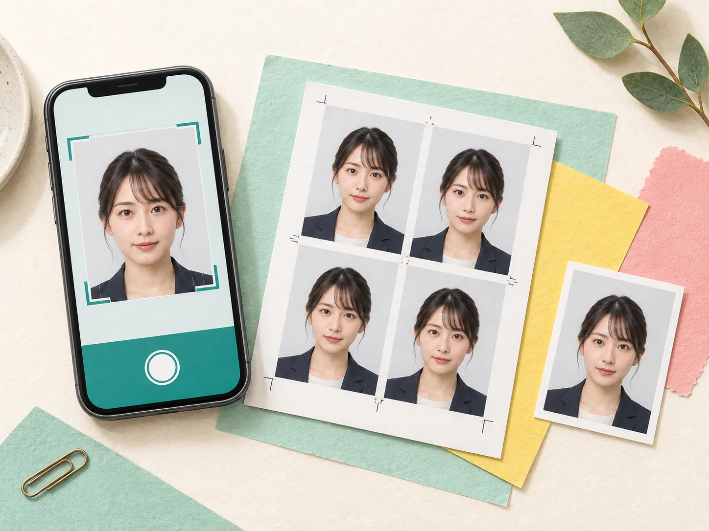 スマホで撮影した証明写真と、コンビニ印刷用のL判プリント